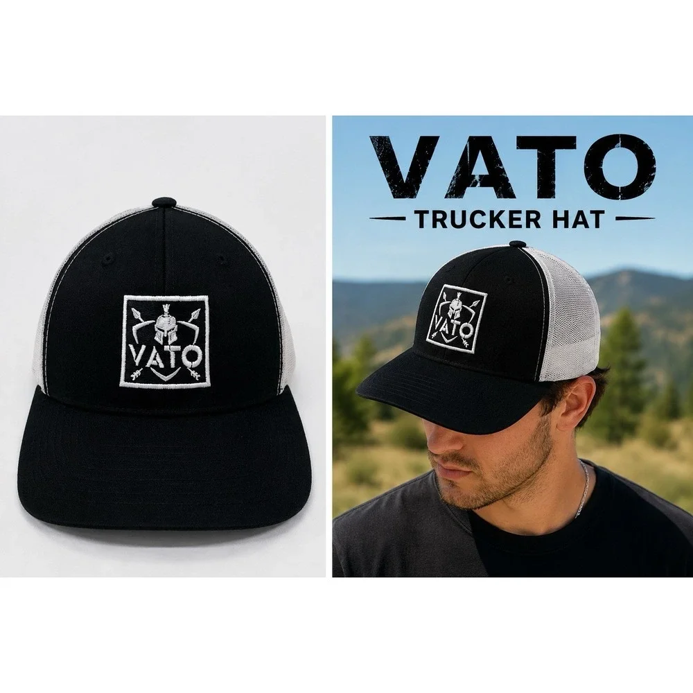 VATO Trucker Hat Snapback Black White Mesh Cap Flat Bill Adjustable